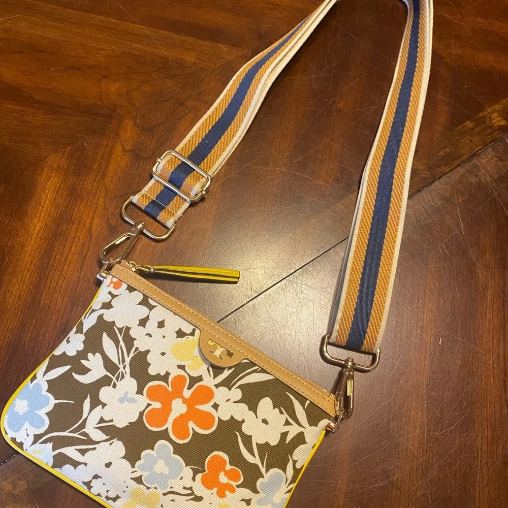 Tory Burch Floral Crossbody Bag with Striped Strap - Orange, Blue & Brown - Picture 8 of 8